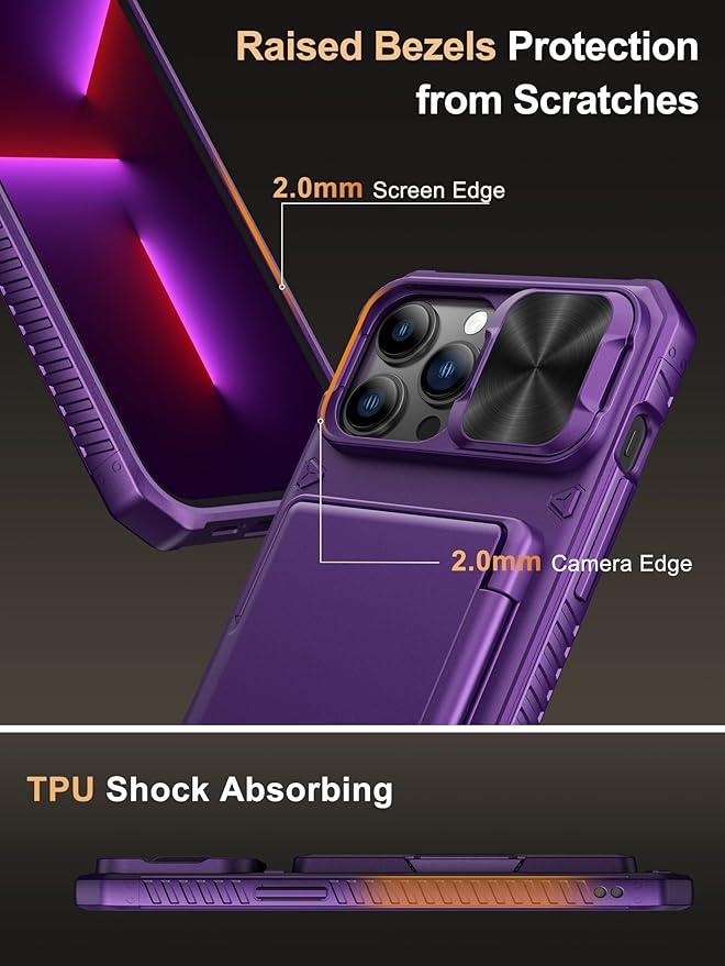 Vihibii for iPhone 13 Pro Max/iPhone 12 Pro Max Wallet Case, Built-in Card Holder (4 Cards), [RFID Blocking] & Slide Camera Cover, Military Grade Drop Protection, Rugged Hard Phone Case, Dark Purple