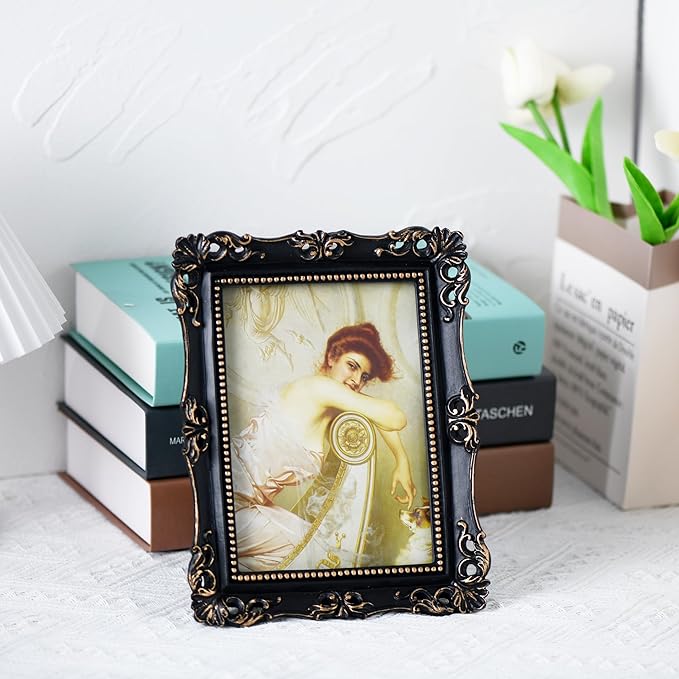 Funerom Vintage Picture Frames with Glass Front, Ornate Frame, Antique Photo Frames for Tabletop or Wall Hanging (Black, 5X7 inch)