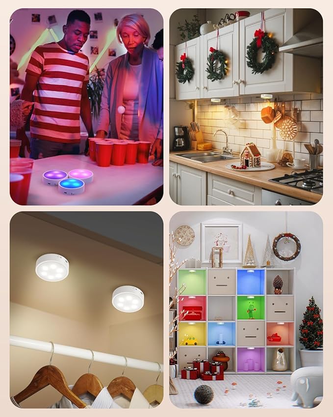 Puck Lights with Remote, 13 RGB Colors LED Under Cabinet Light, Rechargeable Battery Operated Under Cabinet Lighting Tap Lights, Stick on Lights with Dimmer and Timer（6 Pack）