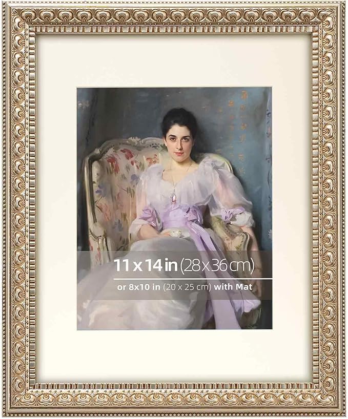 11x14 Antique Silver Wood Ornate Vintage Classic Picture Frame, With Mat 8x10 inches, Real Glass Protection, Horiztonal or Vertical Display