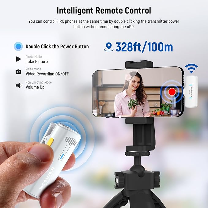 NEEWER Wireless Lavalier Microphone System for iPhone, Mini Clip on Lapel Mic Set with 2 USB C Transmitters/4 Receivers/OTG Adapter Compatible with iPhone Android Phone Computer Tablet, White, KM20