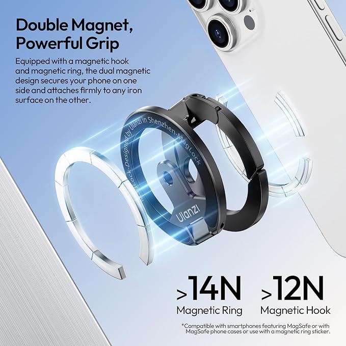 ULANZI MA02 Dual Magnetic Ring Phone Grip Stand, Aluminum for MagSafe Gym Kickstand Compatible with iPhone 17-12 Series, Foldable Phone Tripod Mount with 1/4" Screw for Live Streaming Vlog