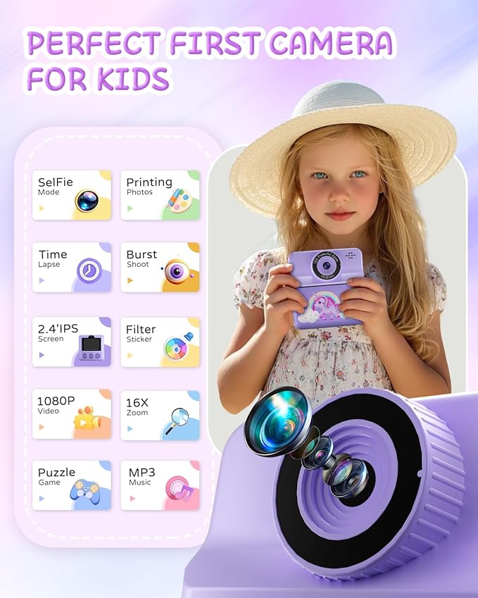 Instant Print Camera for Kids, Digital Selfie Cameras with Carry Case & 5-Color Paper, Portable Toddler Toy Christmas Birthday Gifts for 3 4 5 6 7 8 9 10 11 12 Year Old Girls - Purple