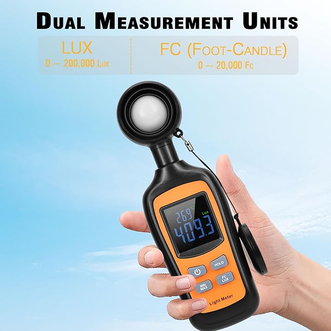 Handheld Digital Light Meter,4 Digit Color Screen Illuminance Meter with Ambient Temperature Measurer,Range up to 200,000 Lux Luxmeter,for Photography Plants Lighting Intensity Brightness Measurement
