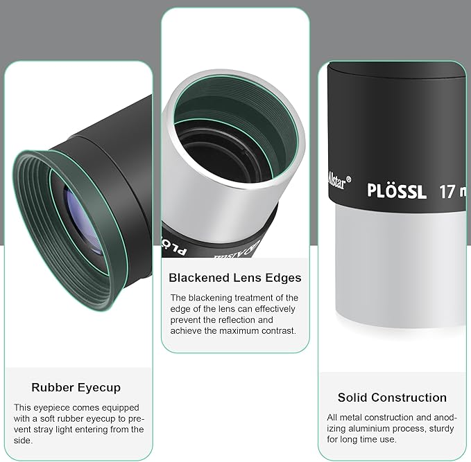 Alstar 1.25 Inch Plossl Telescope Eyepiece - 17mm Fully Multicoated Optical Lens for 1.25inch Astronomic Telescope and Astronomy Filters - 4 Element Plossl Design