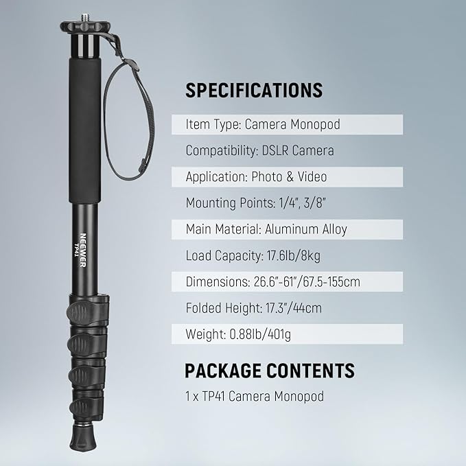 NEEWER 61"/155cm Camera Monopod Stand, Aluminum Alloy Portable Travel Video Monopod Pole with 1/4" 3/8" Screw Adapter for DSLRs Camcorder, Professional Photography Accessories, Max Load 17.6lb, TP41