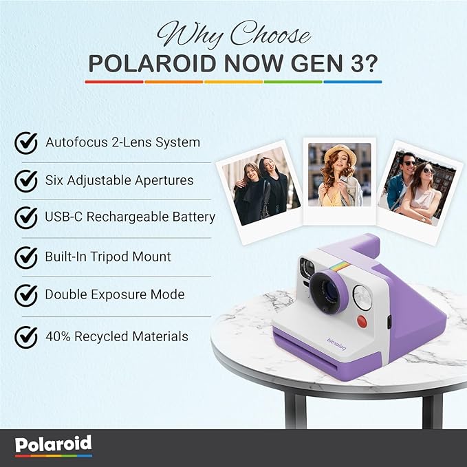 Polaroid Now Generation 3 I-Type Instant Camera (Purple) Bundle with Color I-Type Film (8 Exposures), Hard Protective Case, and Wrist Strap