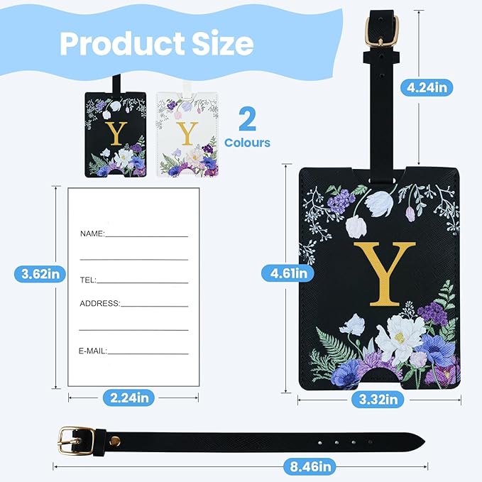 2 Pack PU Leahter Luggage Tags with PU Leather Straps, Fun Travel case Labels, Privacy-Protected ID Card Holders, Allowing for Quick Identification of Luggage and Easy locating of Your Bags (Y)
