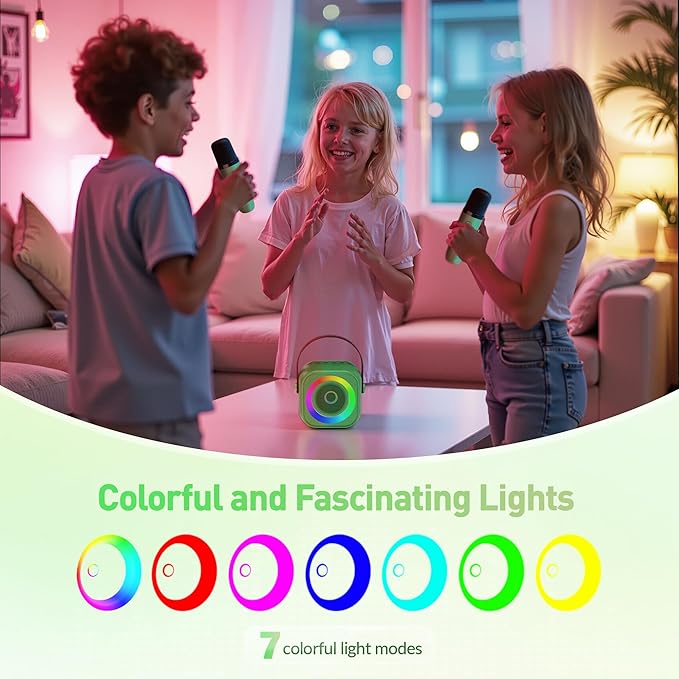 Mini Karaoke Machine：Portable Bluetooth Karaoke Microphone, Singing Speaker with 2 Wireless Mic and Light Kids Adults, Christmas Birthday Gifts for Girls Boys Family Home Party(Green)
