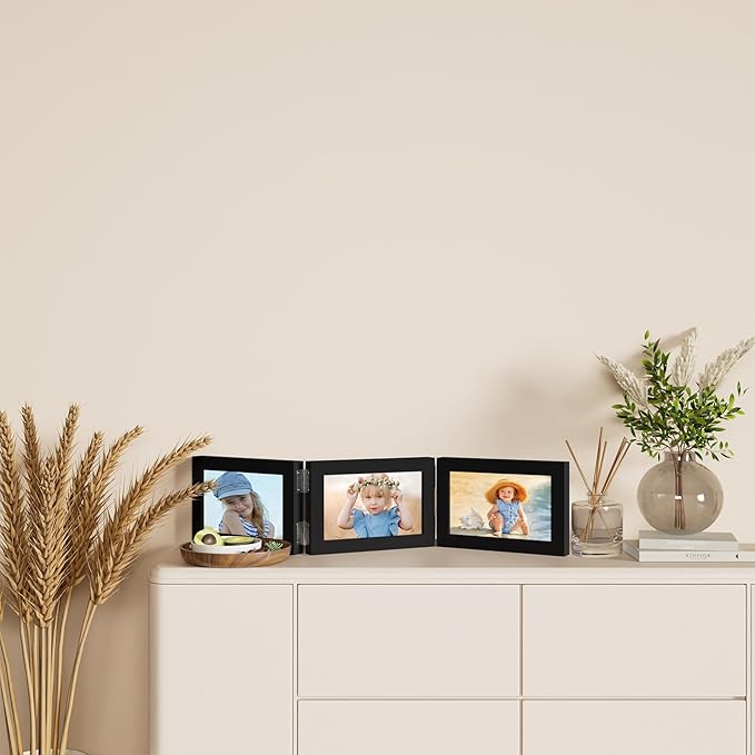 decorUhome Triple 6x4 Picture Frame Horizontal, Engineered Wood Trifold Photo Frame with Plexiglass for Tabletop Display, 6x4, Black