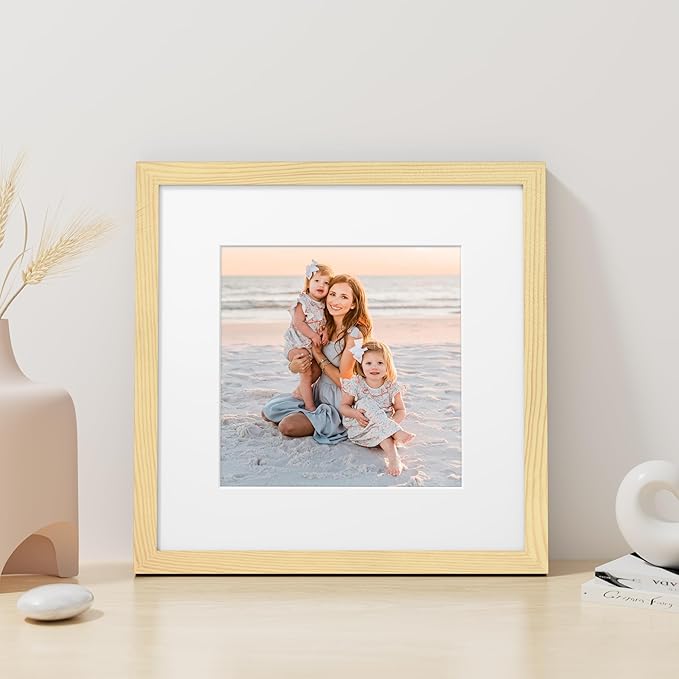 Vittanly 12x12 Picture Frame, Made of Solid Wood and Shatterproof Plexiglass, Display Pictures 8x8 with Mat or 12x12 without Mat, Wooden Photo Frame for Wall Mounting, Natural, 1 Pack