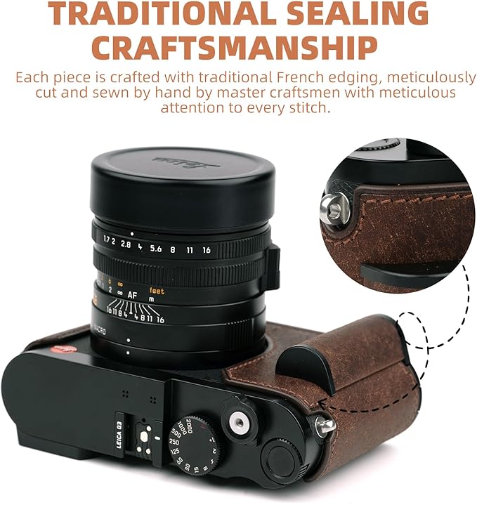 Handmade Genuine Leather Camera Half Case for Leica Q3/Leica Q3 Camera Case- Top Layer Cowhide Body + Metal Base Plate + Hand Shank Design (Dark Brown)