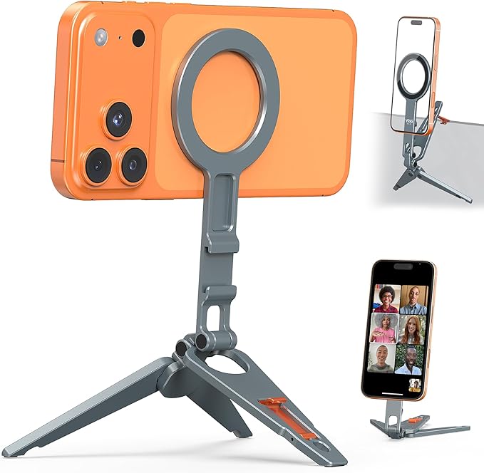 VRIG MG-34 Magnetic Phone Tripod Stand for iPhone, Aluminium Alloy Foldable Phone Stand for Desk/Handheld, 1/4'' Screw Hole, Cold Shoe Mount and Hook, Compatible with iPhone 17 16 15 14 13 12 Series