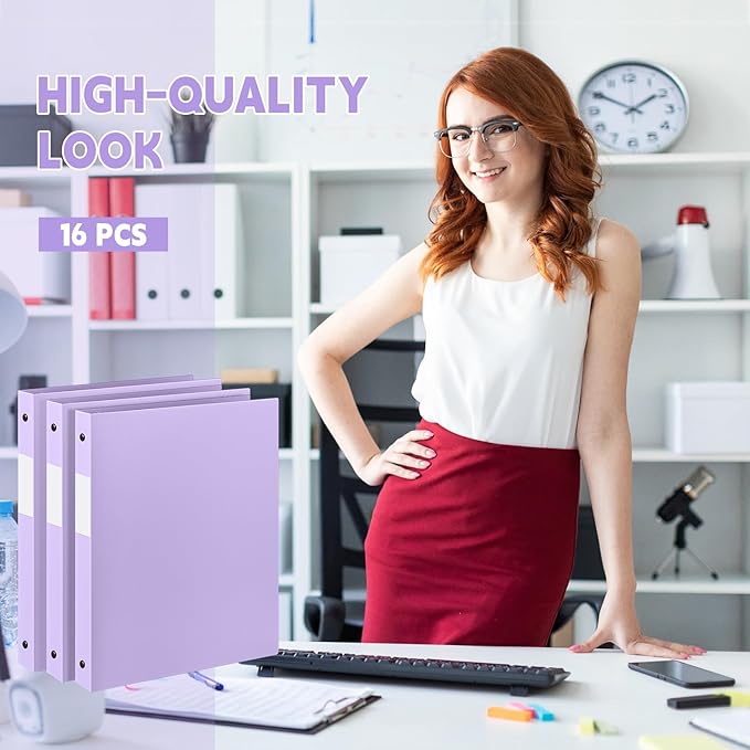 Henoyso 16 Pcs 3 Ring Binder 1/2'' Round Fits Letter Size 8.5'' x 11'' Paper Plastic Flexible Binder Holds 140 Sheets with 1 Pockets Versatile Organizer for Home Office School (Light Purple)
