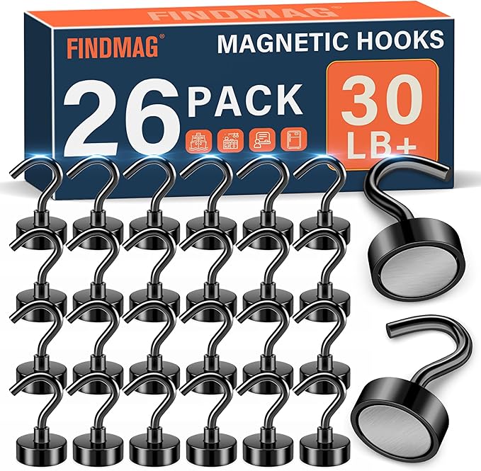 FINDMAG Magnetic Hooks for Cruise Cabins, 30lbs Strong Magnets with Hooks 2026 Cruise Cabin Ship Essentials, N52 Rare Earth Magnetic Hooks for Hanging, Kitchen, Classroom, Workshop, 26 Pack, Black