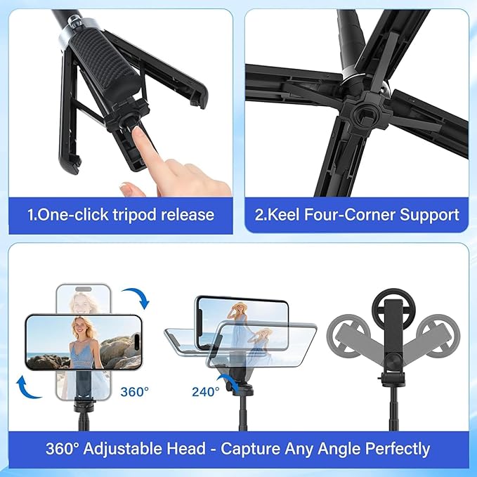4-in-1 Multifunctional 360° Rotation Magnetic Selfie Stick with Detachable Wireless Remote for iPhone & Android, Portable Extendable Phone Tripod Stand for Travel Vlog Live Streaming