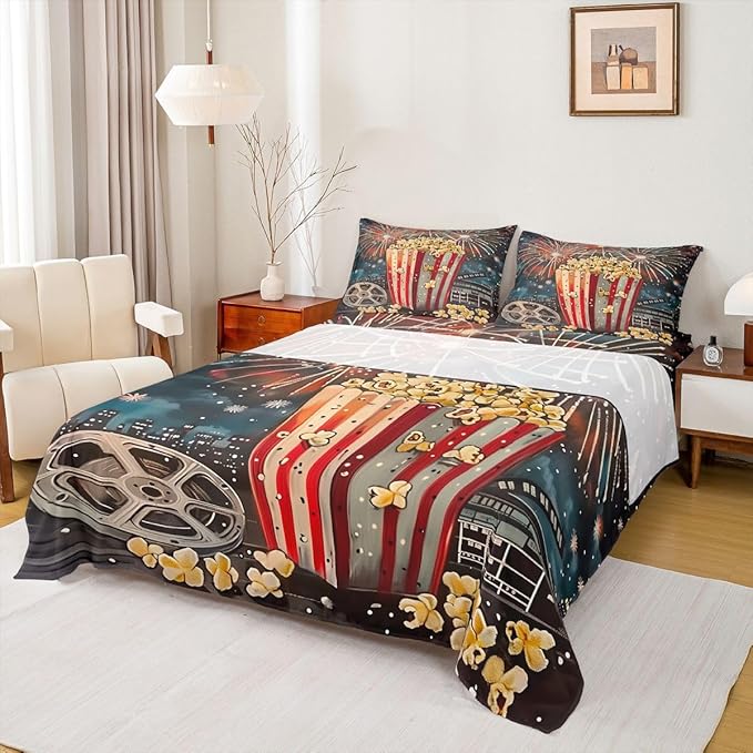 Erosebridal Movie Theme Bed Sheets Set Twin Size for Kids Boys Girls,Delicious Popcorn Sheet Set,Vintage Cinema Style Sheets,Fireworks Flat Fitted Sheet with 1 Pillowcase Deep Pockets