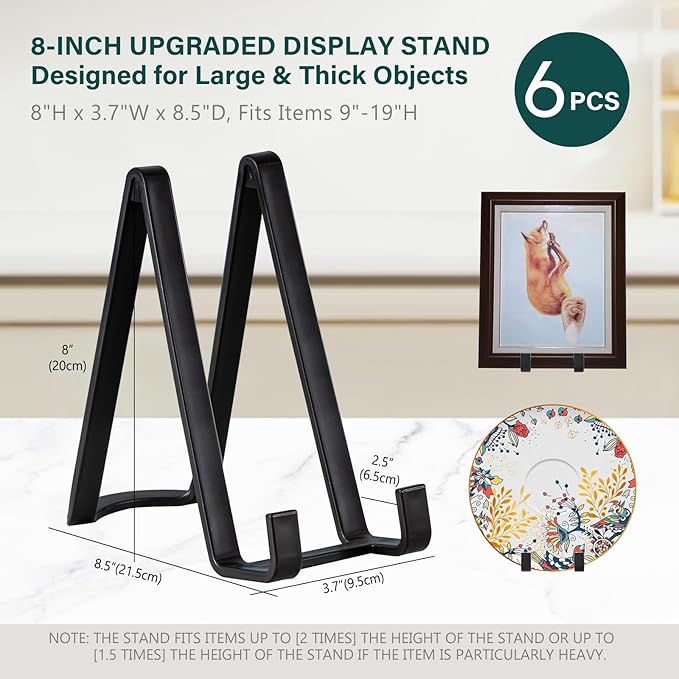 Plate Holder Easel Display Stands - 8-Inch Plastic Stand for Decorative Plates, Picture Frames, Cookbooks, Tabletop Art