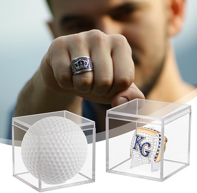 2 Pack Championship Ring Display Case Clear Acrylic Ring Case Display Box for Sports Baseball Softball Football Basketball Single Ring Coin Holder Stand, 2.16 Inch