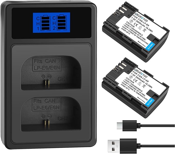 2-Pack LP-E6 LP-E6N Battery and Dual Slot Charger for Canon EOS R7, R6, R5, R, 6D Mark II, 5D Mark IV, 5D Mark III, 5DS, 5DS R, 5D Mark II, 80D, 90D, 6D, 7D, 7D Mark II, C700, XC10, XC15 Camera