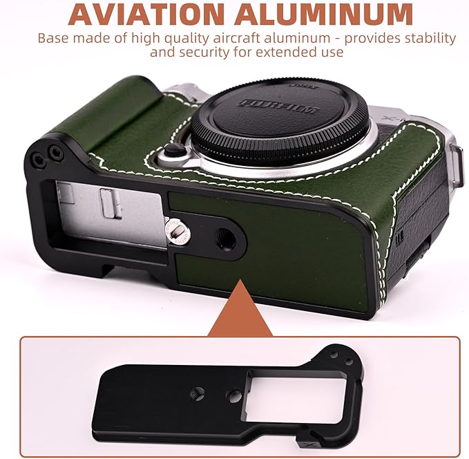 Uchandmade Handmade Genuine Leather Camera Half Case for Fujifilm X-M5/Fujifilm X-M5 Camera Case/Fujifilm X-M5 Case - Top Layer Cowhide Body + Metal Base Plate+ Hand Shank Design (Green M-BOX)