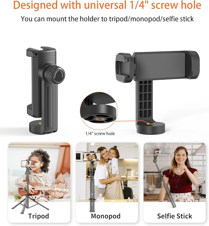 Phone Mount for Tripod, Universal Tripod Mount Adapter with Cold Shoe, 360° Rotates Adjustable Cell Phone Clip Clamp Holder with 1/4" Screw, Compatible with iPhone/Android/4”-7” Phone