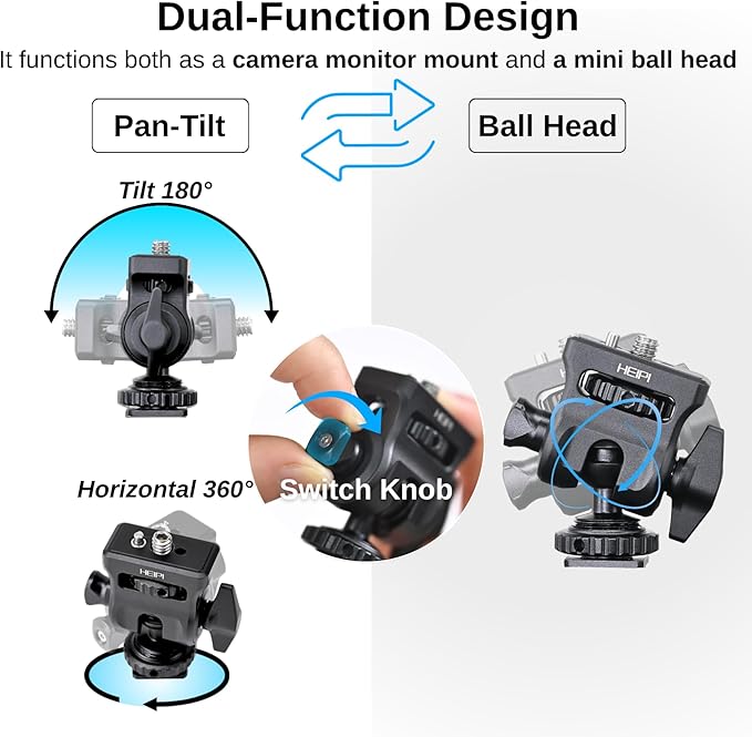 HEIPI Field Monitor Mount Holder Swivel 360° and Tilt 180° with Cold Shoe Mount, Holder for Field Monitor, LED, Flash and Video Shooting Photography Accessories, Max Load Capacity 7.7lbs