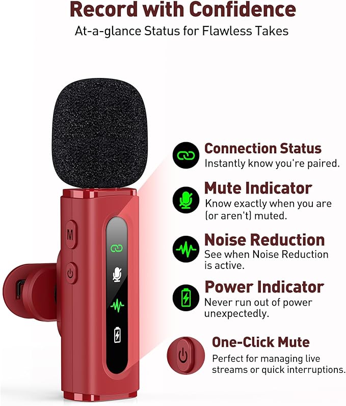 USB C Lavalier Microphone Wireless Mini Mic for Type-C Android Phone/Tablet/PC Video Recording Clip-on Mics with Rotatable Clip&Denoise Recording, Ideal for Vlog Tiktok Youtube Content Creator, Red