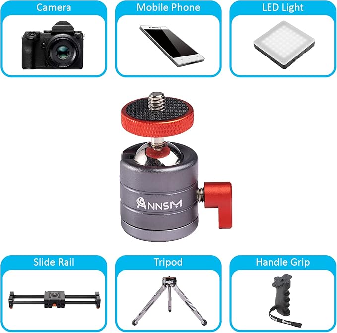 2pcs Tripod Mini Ball Head with 1/4 inch Threaded Mount for DSLR Cameras, Camcorders, Smartphone, Action Camera,Camera Cage, Microphone, LED Video Light, Monitor, Vlog Video Rig – 2 Pack