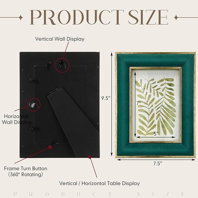 Kathfly 1 Pcs Green Velvet Picture Frame 5 x 7 Inch Vintage Photo Frame with Gold Metal Edge Horizontal & Vertical Mount for Poster Artwork Puzzles Tabletop Wall Display Christmas Home Office Decor