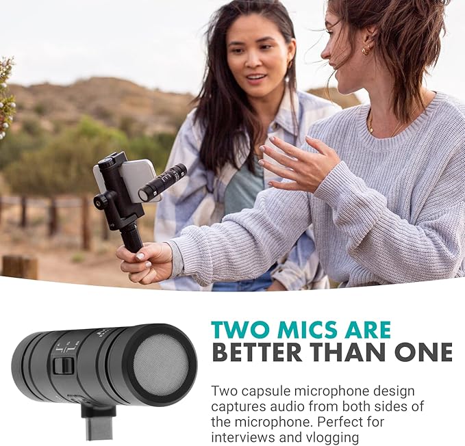 Movo DoubleMic-UC Dual Capsule Phone Microphone for USB-C Devices- Two-Sided Cardioid Condenser Android Shotgun Mic for Video Recording- Professional Microphone for Samsung, iPad Pro, Google Pixel