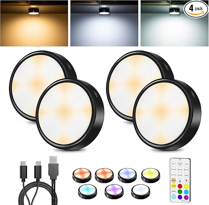 HOLKPOILOT Puck Lights with Remote, 2000mAh Battery Operated Rechargeable Under Cabinet Lighting, 3 Color Temps & 7 RGB Colors, Magnetic Closet Light, Black Wireless Puck Light for Kitchen, Shelf.