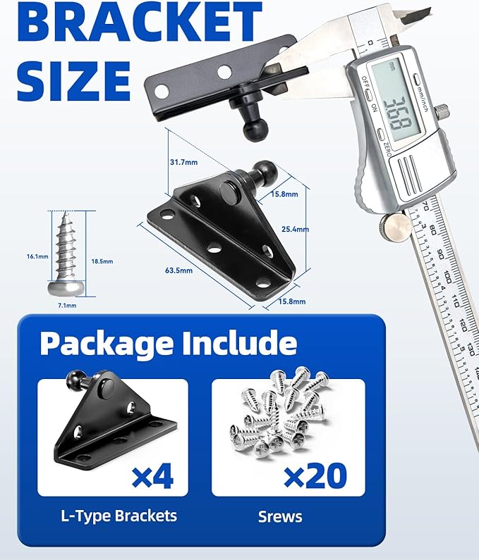 ARANA 10MM Ball Stud Mounting Bracket, 4PCS Universal Gas Strut Mounts for RV Door Lift Supports Shocks Spring with 20 Screws, Black (Only Fits 10mm Ball Head)