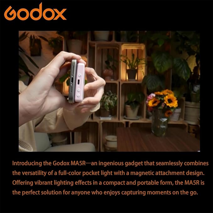 Godox MA5R Full-Color LED Light, Magnetic Selfie Light, CRI95 TLCI97, CCT 1800K–10000K, 14 FX Modes, HSI & GM Adjustment, NFC/Bluetooth Control, 0–100% Dimming, for YouTube/TikTok