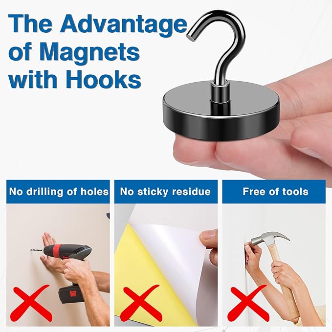 LOVIMAG Magnetic Hooks, 120LBS Strong Magnet Hooks Heavy Duty for Refrigerator, Black Magnet with Hooks for Cruise Cabin, Large Magnetic Hook for Hanging, Grill, Metal Door etc - 6 Pack