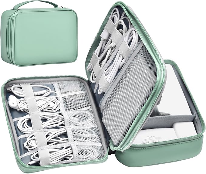Double Layer Leather Cable Organizer Bag Large Capacity Waterproof Tech Organizer Case for Travel Electronics Accessories Storage Case with Adjustable Divider(Light Green, Double Layer-Small)