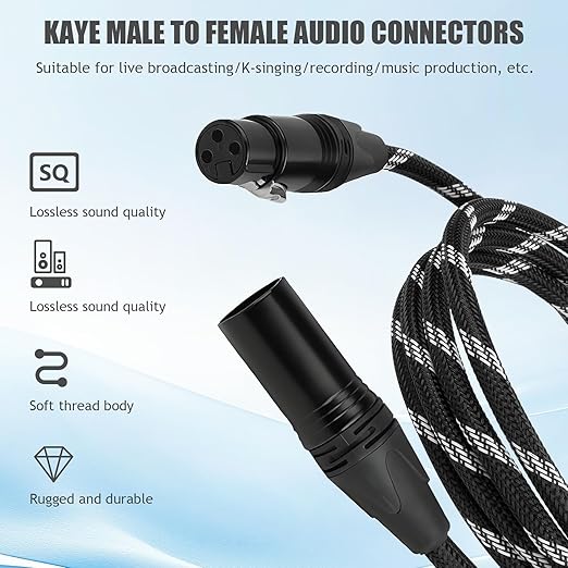 Pro XLR Cables - 1 Pack: 6ft Quad-Core Twisted Dual-Shielded Nylon-Braided Oxygen-Free Copper (OFC) 3-Pin Male-to-Female Microphone Cables