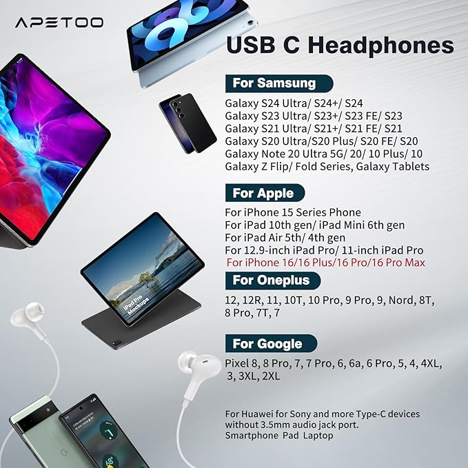 APETOO USB C Headphones for iPhone 17 16 15 iPad Air 5 Wired Earbuds for Samsung S26/S25/S24/S23/S22/S21 Magnetic Noise Isolating in-Ear Type C Earphones with Mic Volume Control for Pixel 8 7 6, White