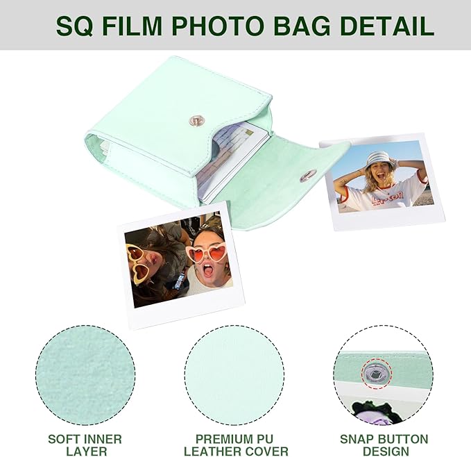 WOGOZAN Square Album for Fujifilm Instax Square/SQ1/SQ40/SQ6/SQ10/SQ20/SP-3 Instant Camera 2.9x3.4 Inch Films for Instax Square Film, Photo Album for Polaroid Mini Pictures, SQ Photo Pouch Bag (Green)