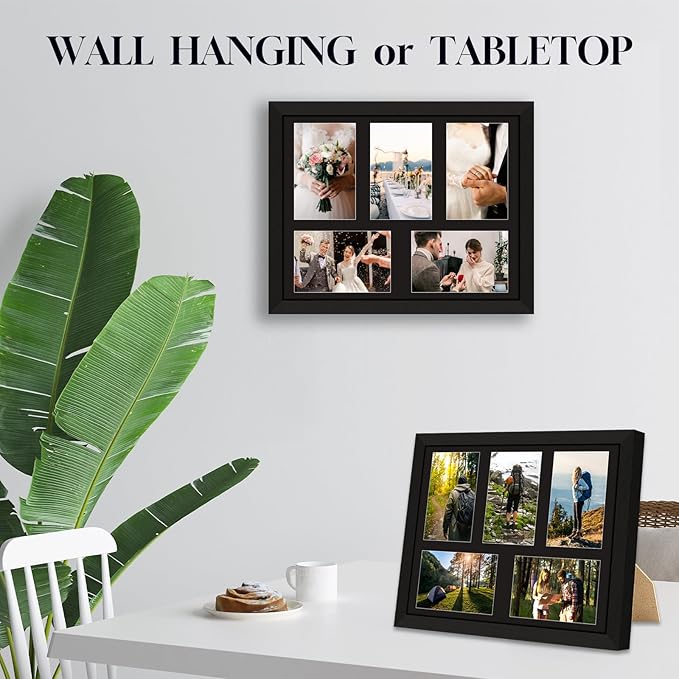 4"x6" Wood Photo Collage Frame 5 Openings, 11"x14" Multi Picture Frame Collage Wall Decor, Brushed Black Frame with Black Mat, Solid Pine Wood
