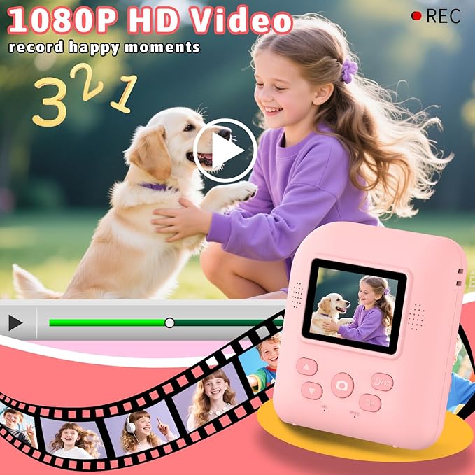 Okaloka Kids Instant Print Camera Toys,1080P HD Toddler Digital Video Camera,Christmas Birthday Gifts for Girls Boys Age 3-12 Year Old - 32G SD Card Included (Pink)