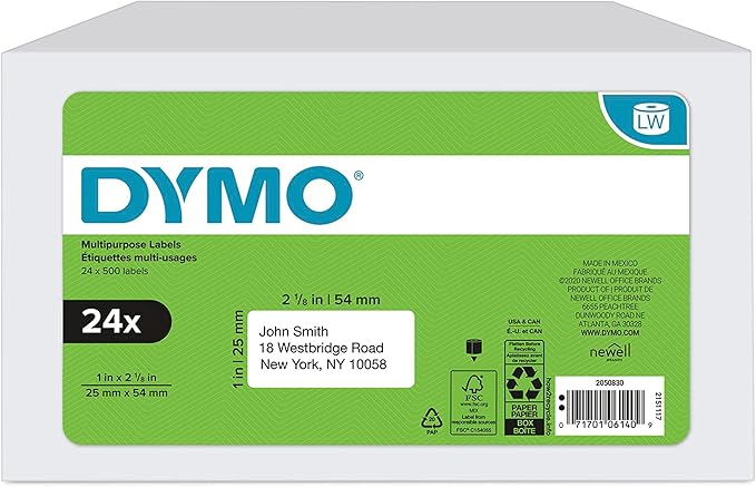 DYMO Authentic LW Multi-Purpose Labels for LabelWriter Label Printers, White, 1" x 2-1/8", 24 Rolls of 500 (12,000 Total)