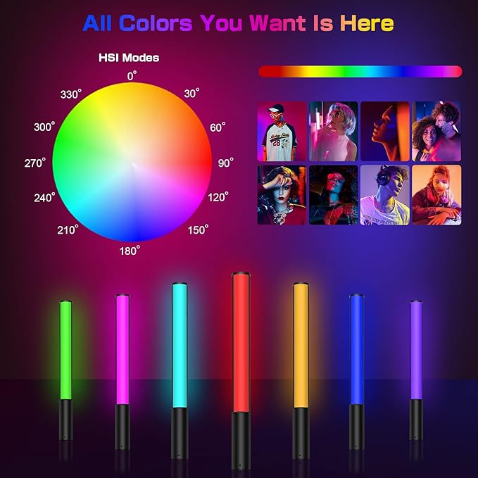 RGB Video Light Wand, Handheld Multi Color LED Tube Light Stick with Remote Control, Dimmable 2500K-6500K CRI97+ Full-Color LED Light with 2500mAh Rechargeable Battery, 12 Light Scenes