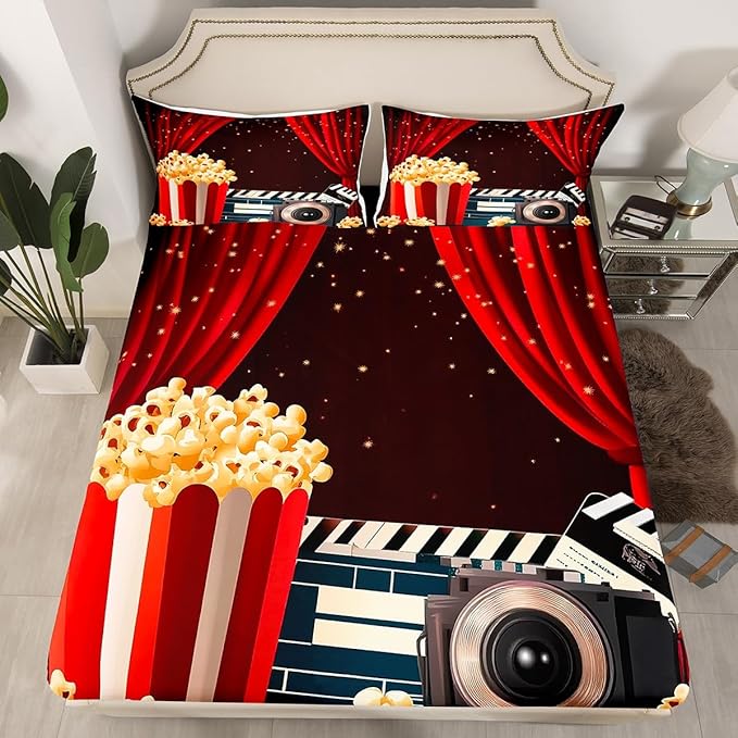 Erosebridal Movie Themed Twin Size Bed Sheets Set - Home Theater Decor Bedding Sets for Boys, Girls & Family Vintage Film Theme Fitted Flat Sheet