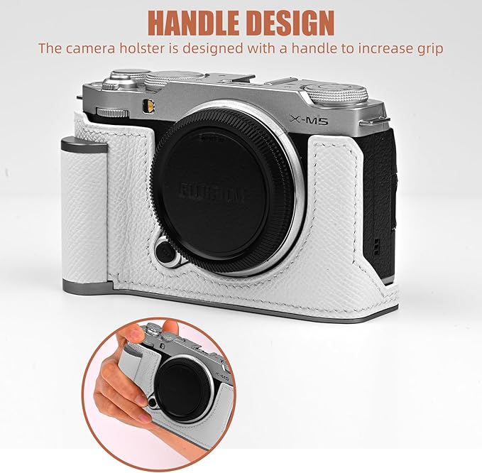 Uchandmade Handmade Genuine Leather Camera Half Case for Fujifilm X-M5/Fujifilm X-M5 Camera Case/Fujifilm X-M5 Case - Top Layer Cowhide Body + Metal Base Plate+ Hand Shank Design (White)