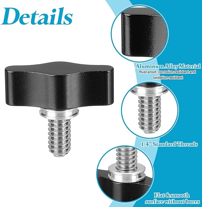 PATIKIL Clamping Screw Knob 1/4" x 0.98", 2Pcs Aluminum Alloy t Shaped Camera Thumb Screws for DSLR Flash Bracket Light Stand Adapter Action Sports Camera Mounting System, Black
