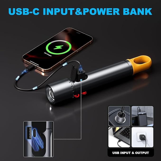 Magnetic Flashlight Rechargeable,5000mAh Flashlights High Lumens with 9 Modes,Waterproof, Adjustable,Powerful Flash Light,Emergency Multi-Flashlights for Home,Car,Hiking,Camping (1, Black)