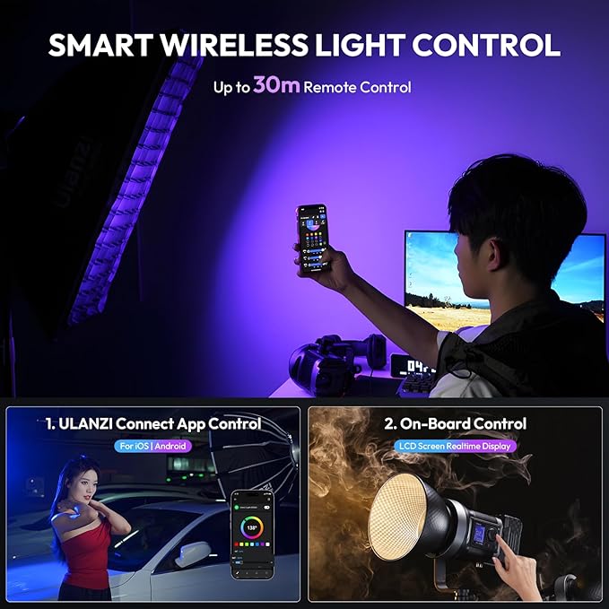 ULANZI RGB Video Light - 120W COB LED Video Light Photography Continuous Output Lighting with Adapter and APP Control, 2700K-6500K 27000lux/m 20 Scenes Bowens Mount for Studio Video Recording, Filming