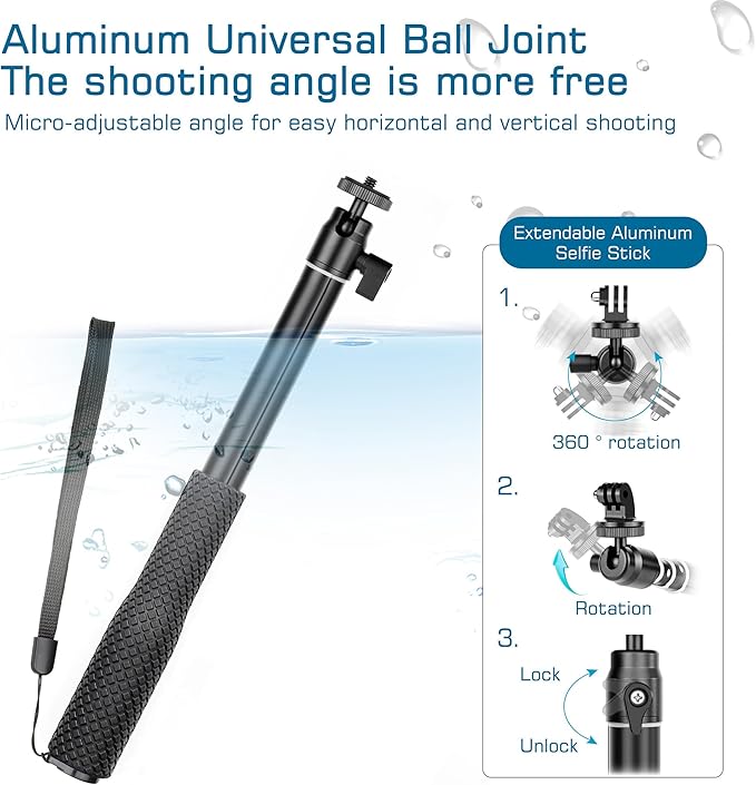 GEPULY 360° Underwater Selfie Stick with Tripod Stand for GoPro - Waterproof Stick Pole for Insta360 Hero 13 12 11 AKASO DJI OSMO Vlog Diving Handler Extended Monopod w Phone Holder&Hand Strap