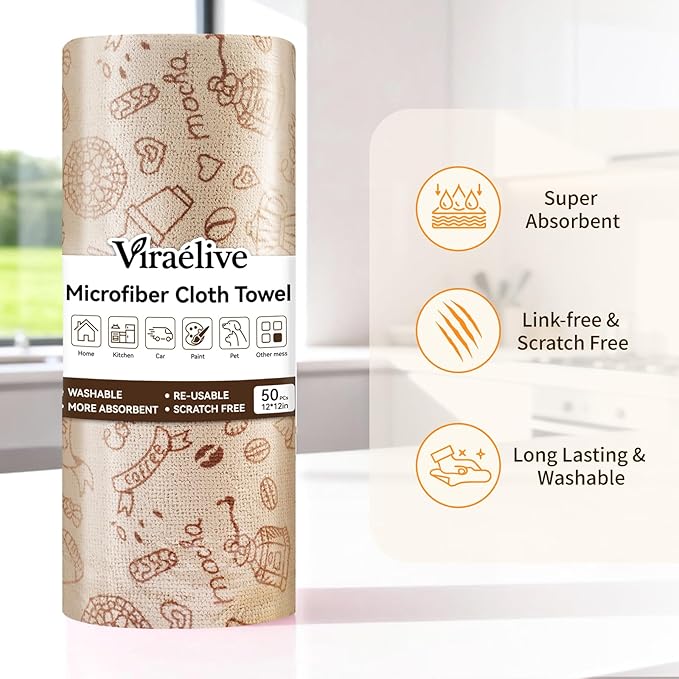 Microfiber Cleaning Cloth Roll, 50-Count Reusable Durable Absorbent Lint-Free Non-Scratch Towels, Dish Rags for Kitchen & Home, Studio, Multi-Purpose, Food Pattern, 12x12 in